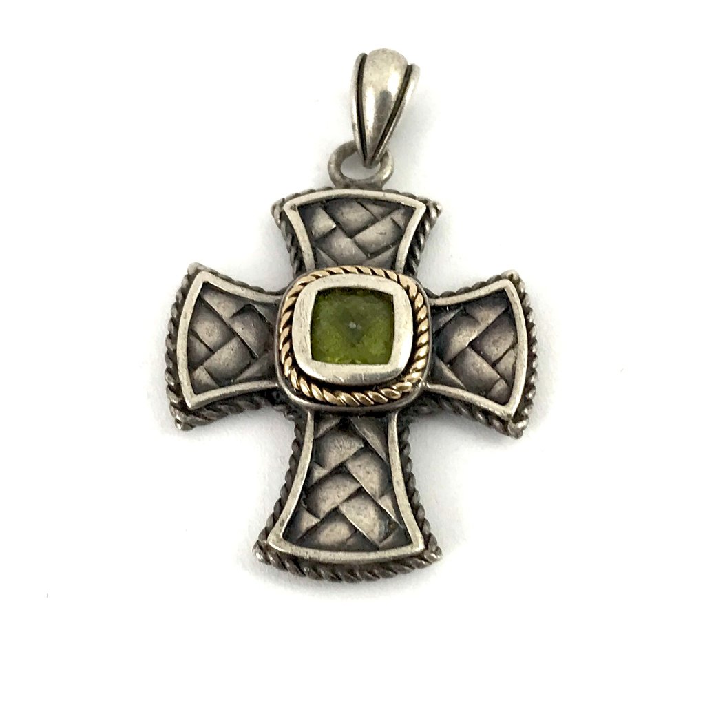 Sterling Silver 925 Vintage 14k Gold Peridot Cross Pendant